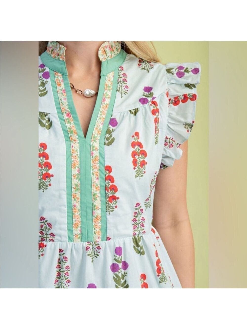 Gigio Floral Ruffle Sleeve Dress Mixed Media Mini Dress 100% Cotton Size Small - Picture 2 of 10